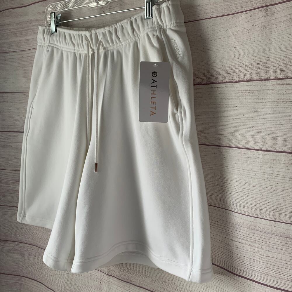 Athleta Terry Heavyweight Bermuda Shorts Bright White Drawstring Waist Size M - Picture 16 of 16